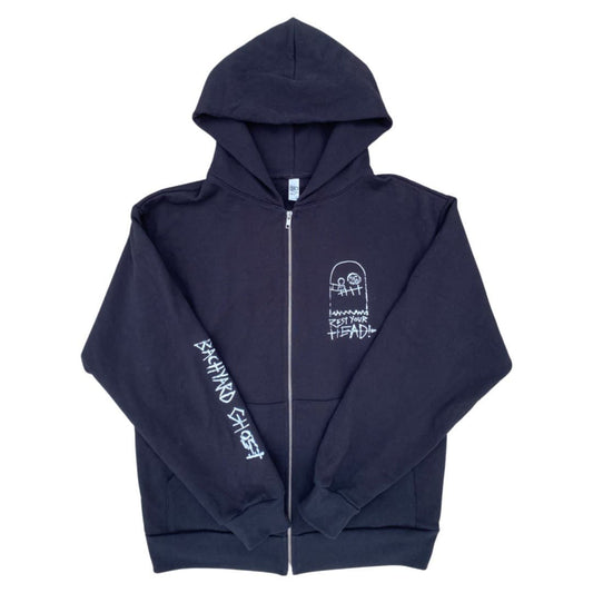 BLACK "REST YOUR HEAD!" ZIP UP HOODIES